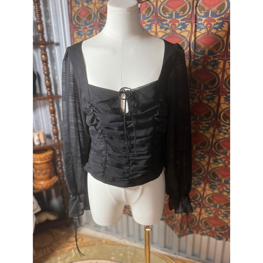 Audrey Parks Ruched Blouse Tie Front Long Sleeve Top Black Size‎ L